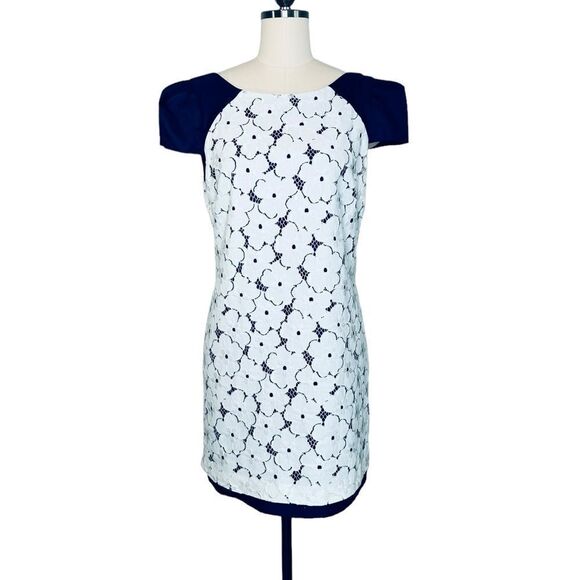 Tibi White Floral Lace Blue Silk Overlay Mini Dress| Size 8 - Picture 1 of 10